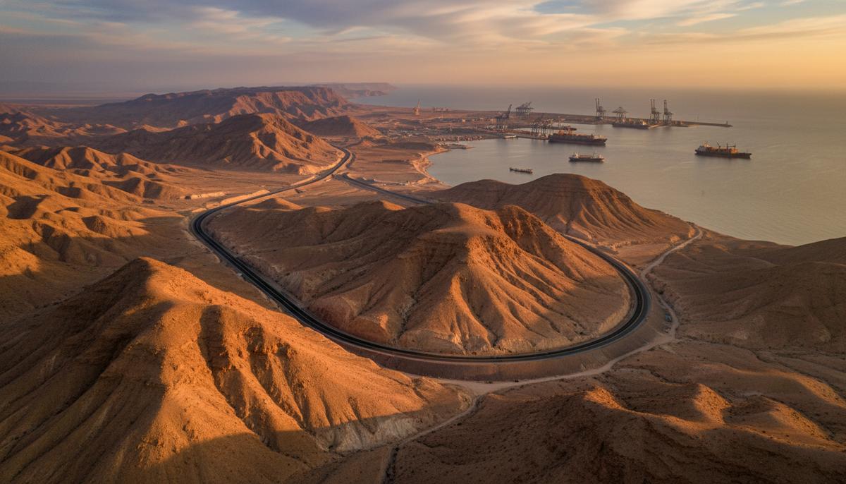 От дорог к технологиям: как Пакистан и Китай обновляют коридор CPEC Вид на современное шоссе в скалистых горах Белуджистана, ведущее к морскому порту Гвадар в Пакистане на закате.