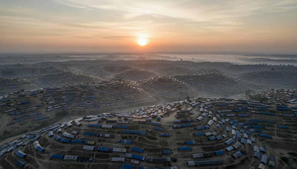 Возвышающиеся холмы, сплошь покрытые рядами самодельных хижин и палаток лагеря беженцев рохинджа в Кокс-Базаре, Бангладеш.