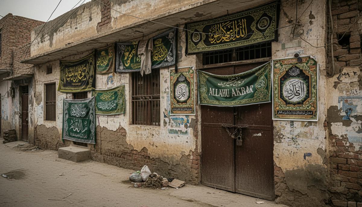 Фасад старого дома в Пакистане, на стенах и двери которого развешаны религиозные исламские плакаты и знамена.