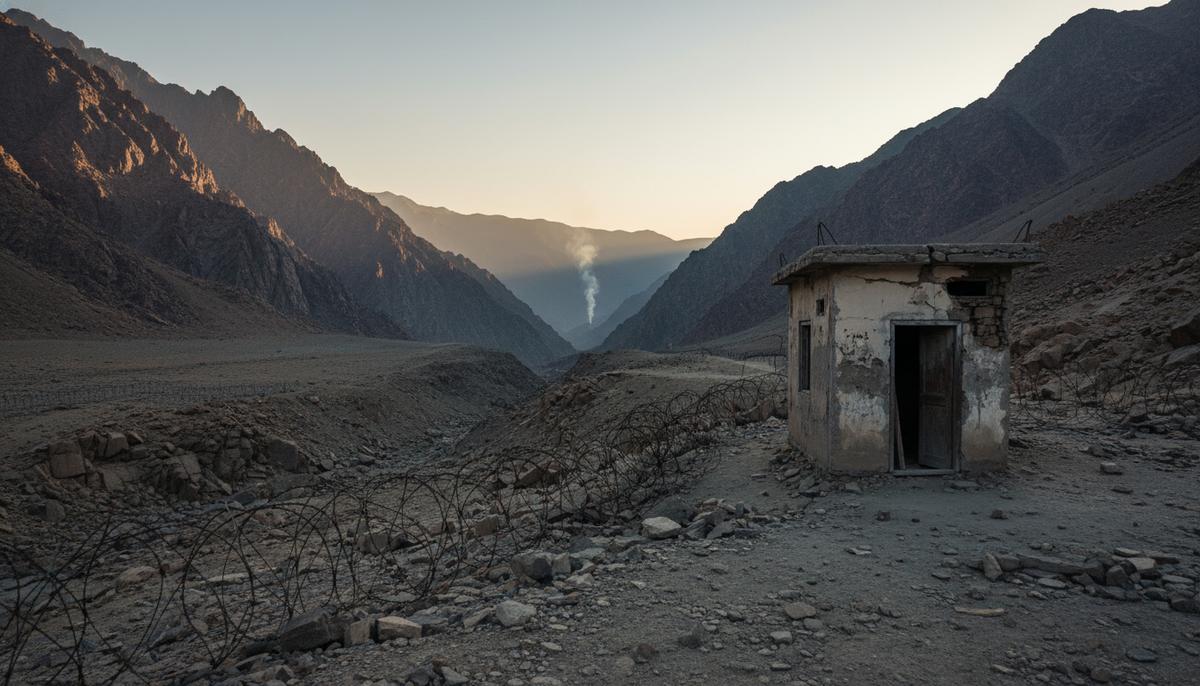 От перемирия к войне: новый виток конфликта Афганистана и Пакистана Колючая проволока и заброшенный КПП в горах на границе Афганистана и Пакистана, вдали виден дым.