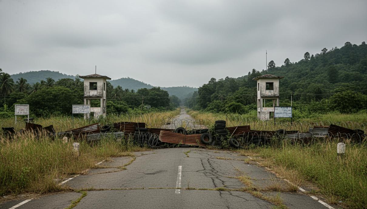 Пустой пограничный пункт пропуска Морех на границе Индии и Мьянмы, заблокированный барьерами и колючей проволокой.