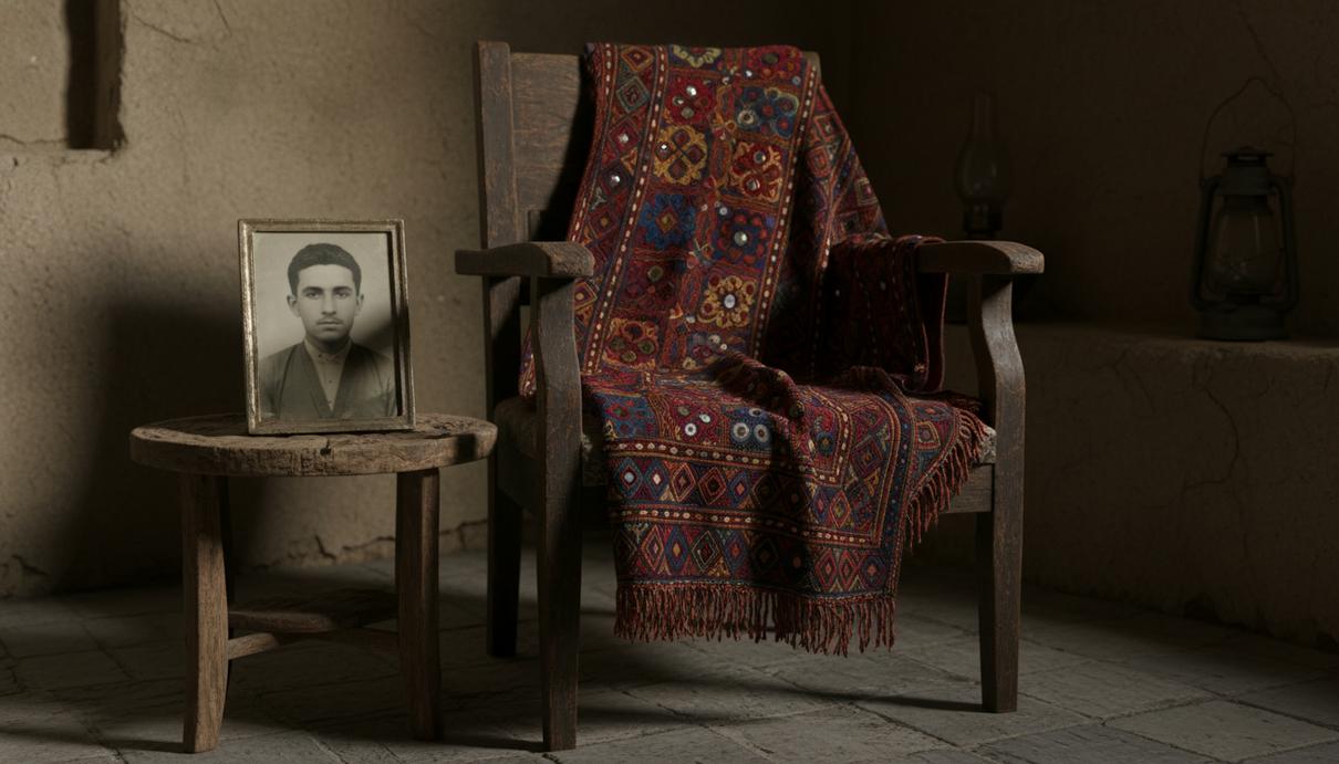 Традиционная белуджская шаль с яркой вышивкой на старом стуле рядом с черно-белой портретной фотографией мужчины.