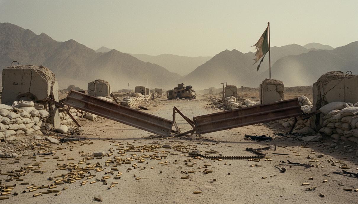 Заброшенный военный блокпост с мешками с песком и колючей проволокой в гористой местности на границе Афганистана и Пакистана.