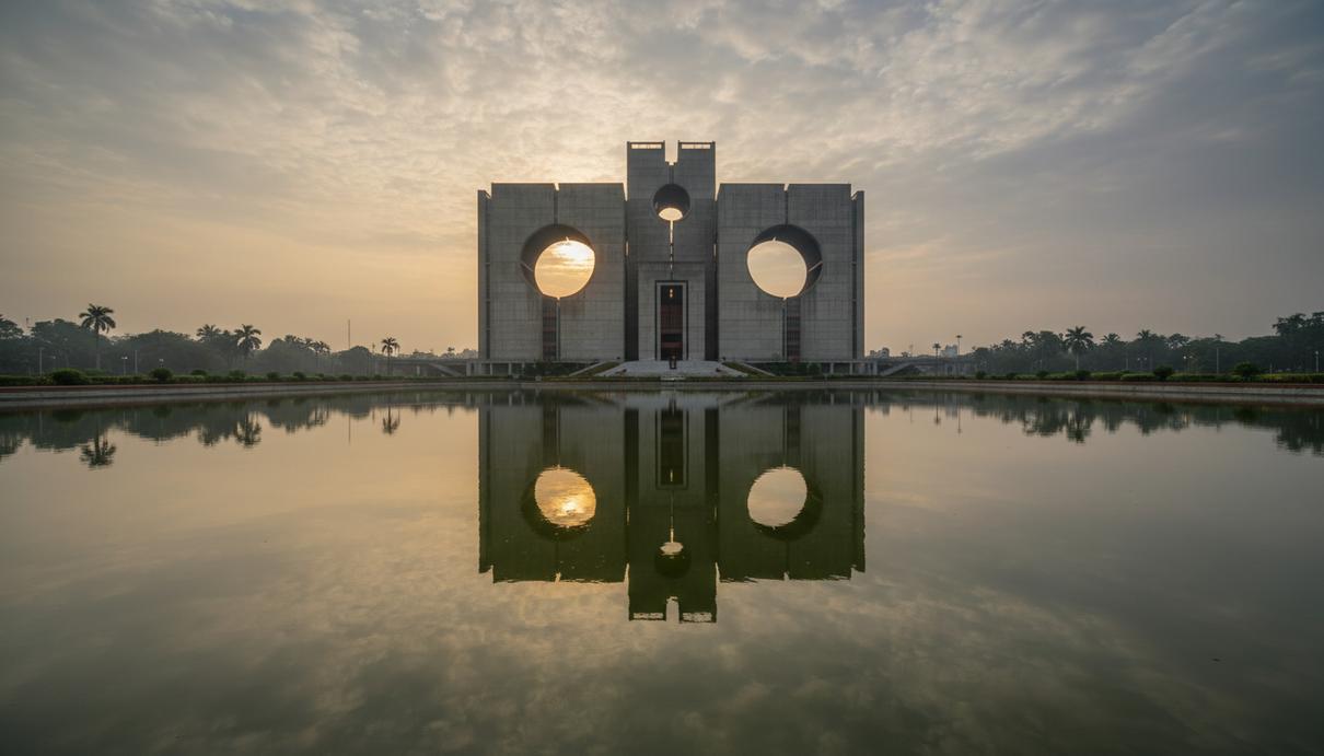 Здание Национального парламента Бангладеш (Джатио Шонгшод Бхабан) в Дакке, отражающееся в воде на рассвете.