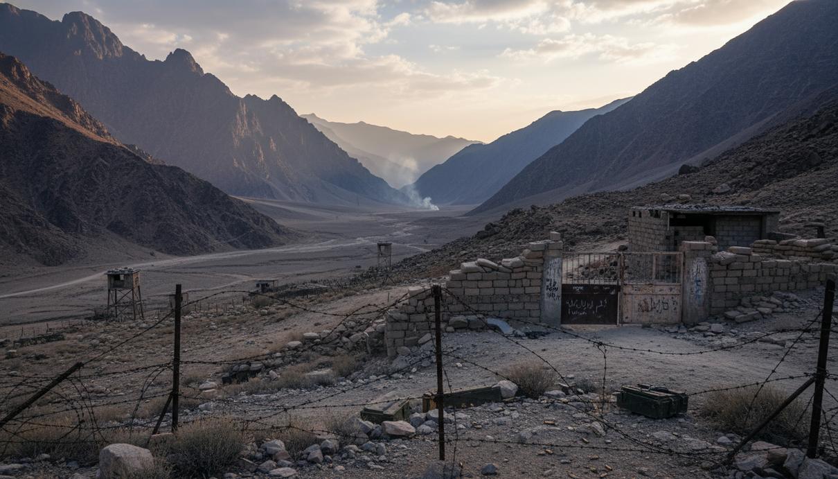 Горный перевал на границе Афганистана и Пакистана на рассвете, заброшенный блокпост и колючая проволока.