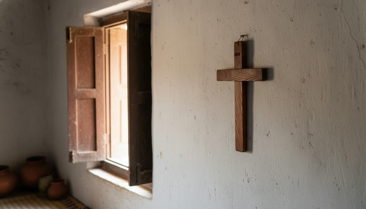 Небольшой деревянный крест висит на оштукатуренной стене внутри скромного индийского дома, освещенный мягким светом из окна.
