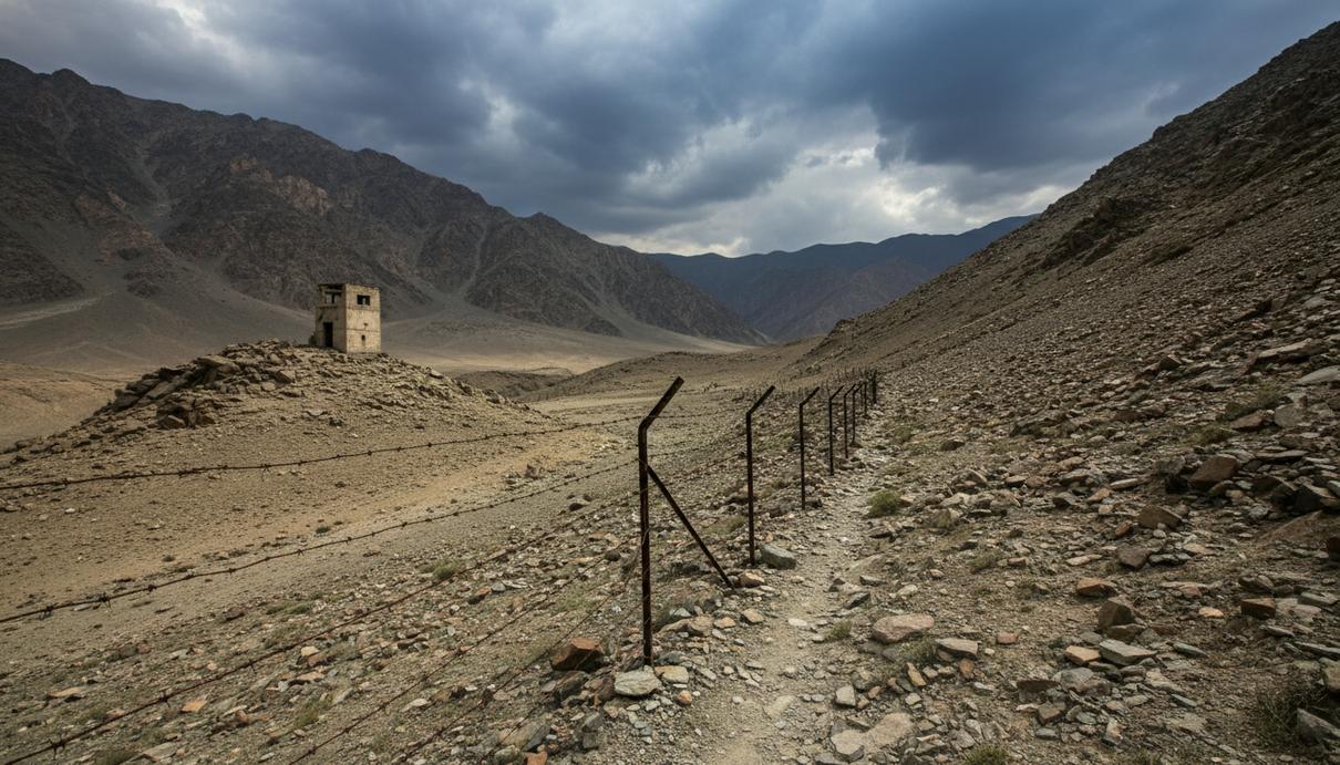 Скалистый горный перевал на границе Афганистана и Пакистана с ограждением из колючей проволоки и сторожевой башней.
