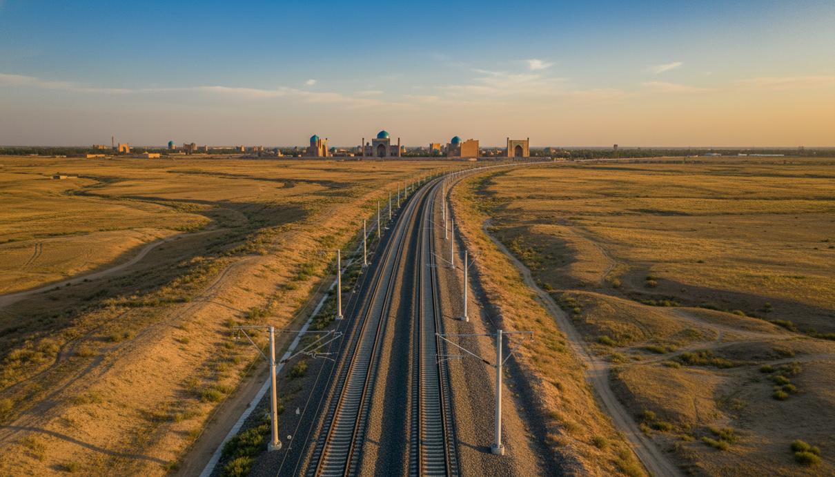 Современная железная дорога, пролегающая через степной пейзаж Центральной Азии к древним медресе площади Регистан в Самарканде.