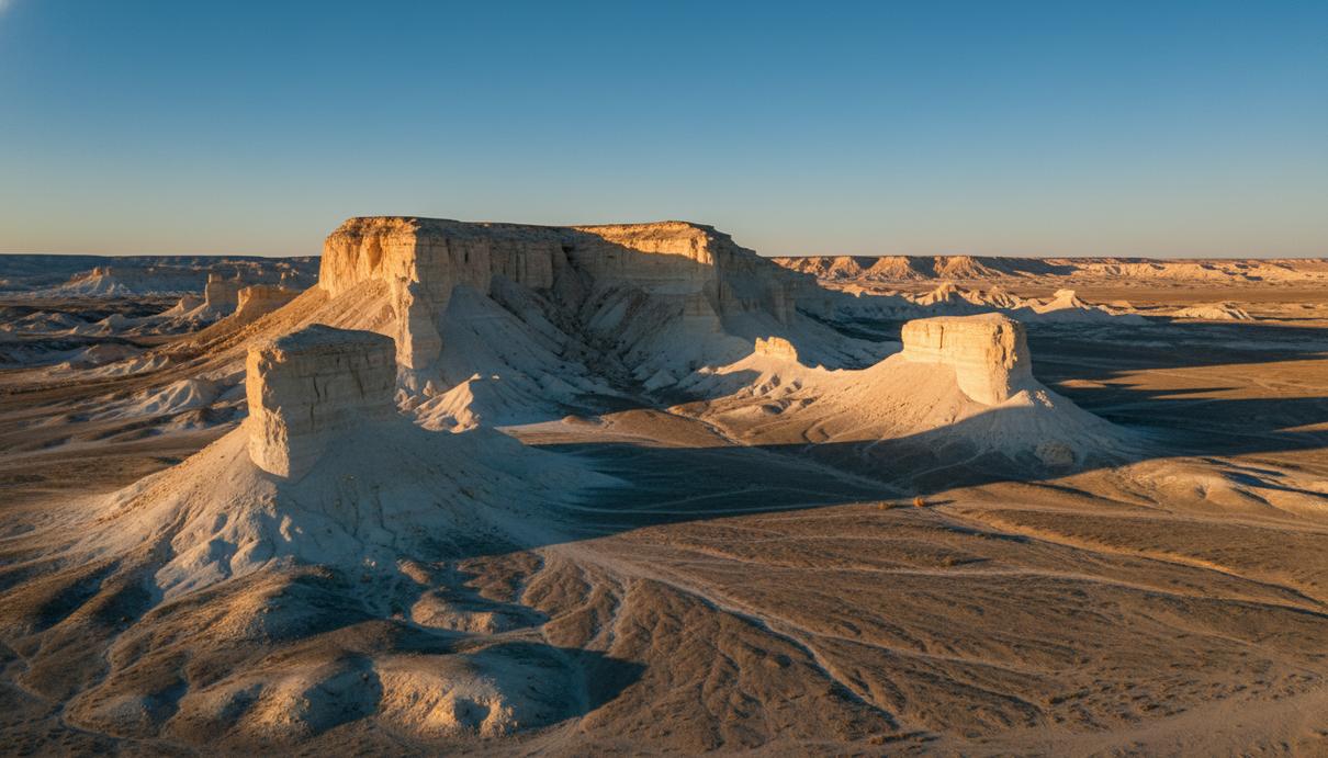Величественные белые скалы Бозжыра на плато Устюрт в Мангистау, Казахстан, на фоне бескрайней пустыни в лучах заходящего солнца.