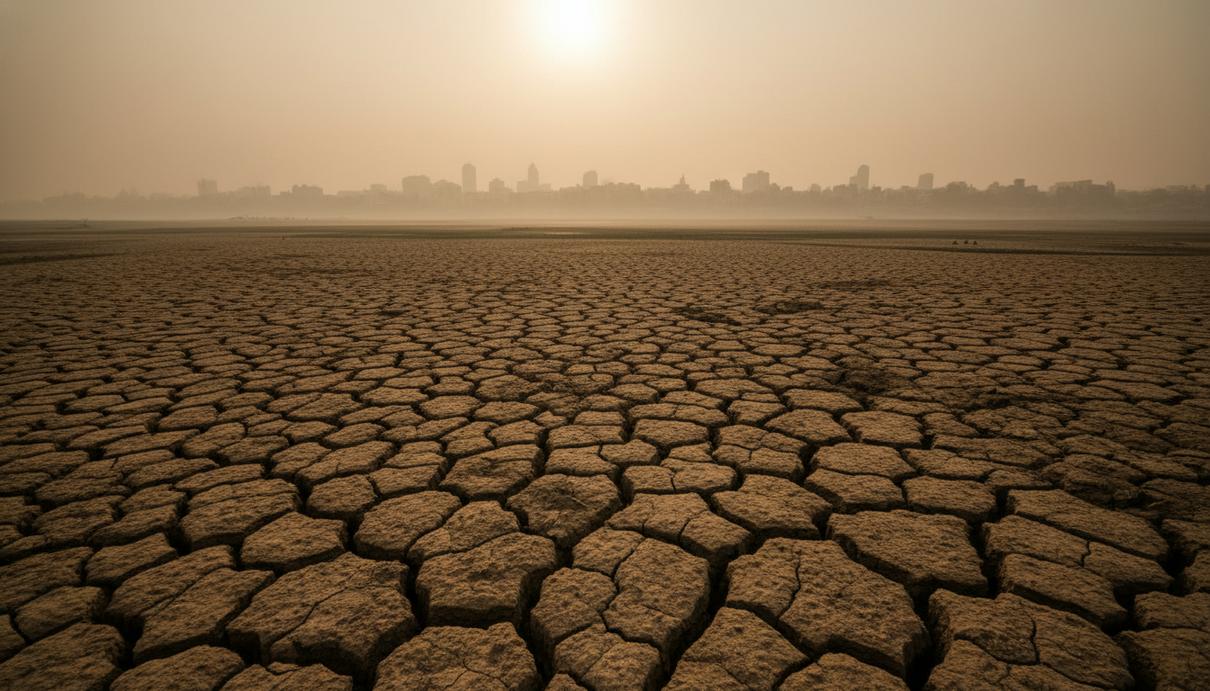 Пересохшее русло реки с глубокими трещинами в земле на фоне силуэта далекого азиатского города в дымке.