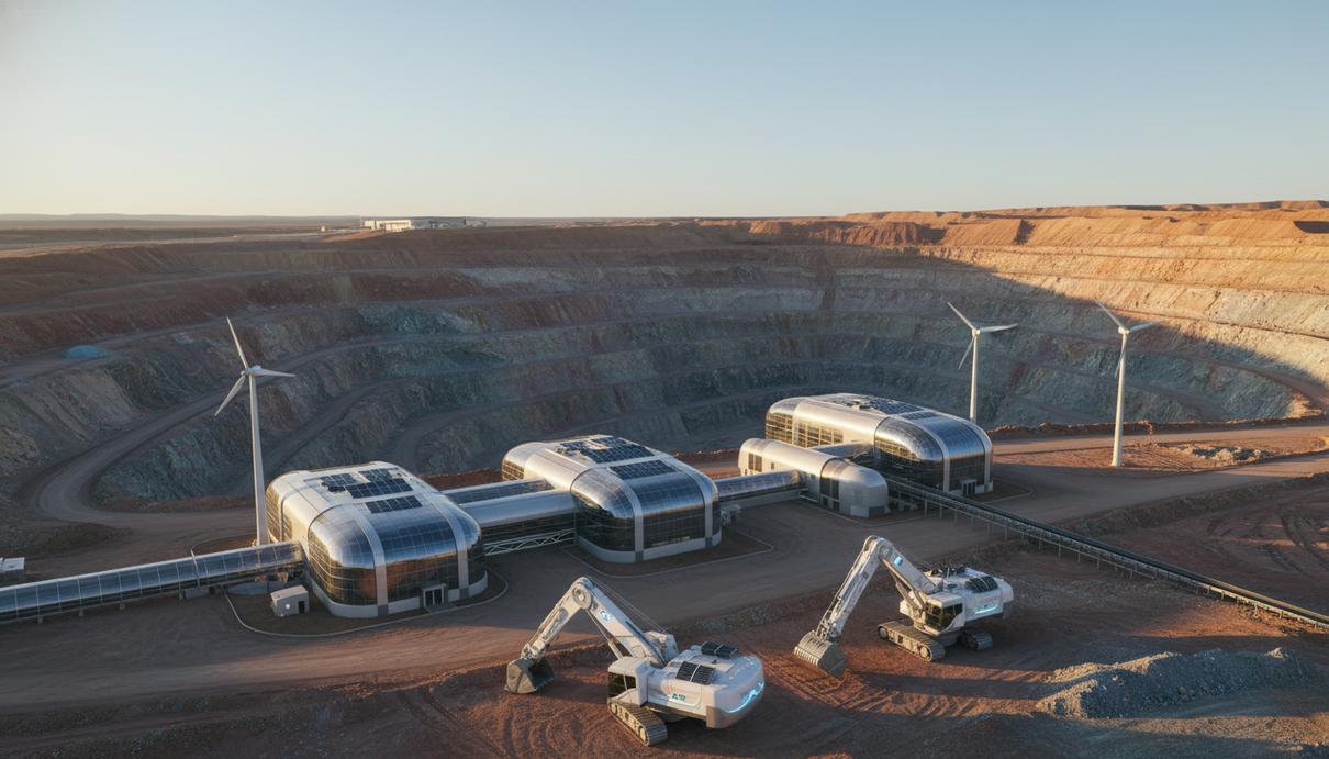 Современный карьер по добыче редкоземельных металлов с футуристической техникой и перерабатывающим комплексом на рассвете.