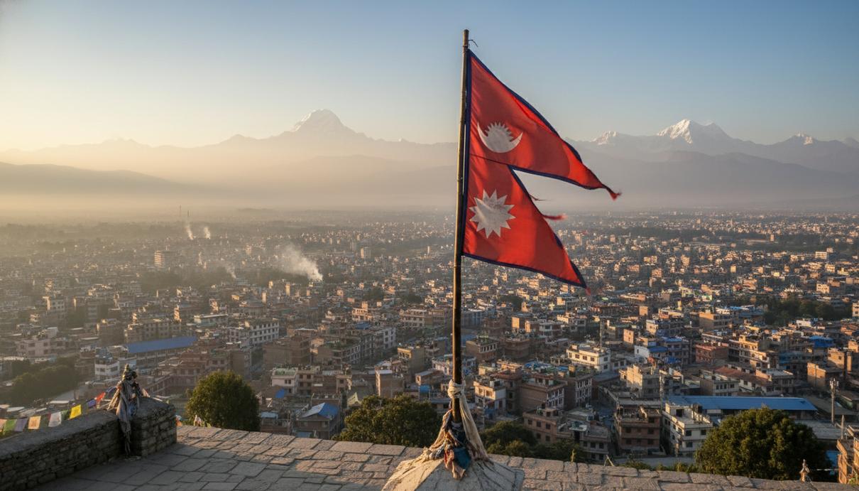 Непальский флаг на флагштоке с видом на город Катманду в долине и заснеженные вершины Гималаев на горизонте.