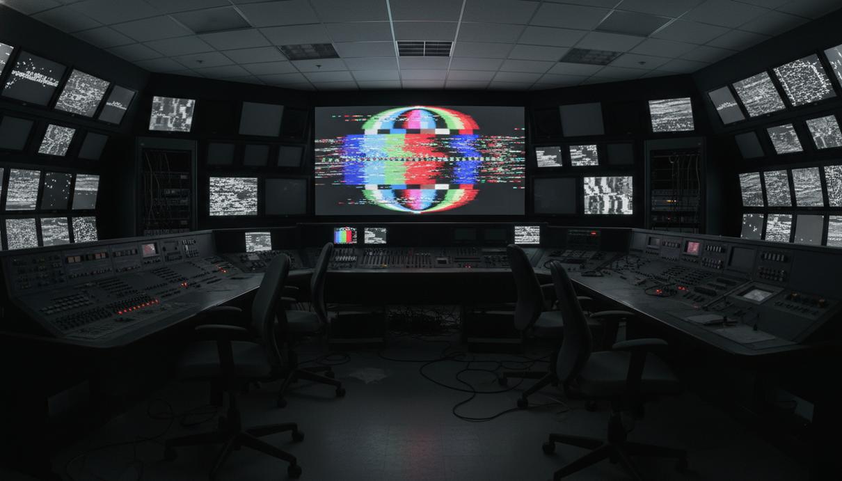 Пустая комната управления телевещанием. На множестве экранов виден сбой сигнала, символизирующий хакерскую атаку.