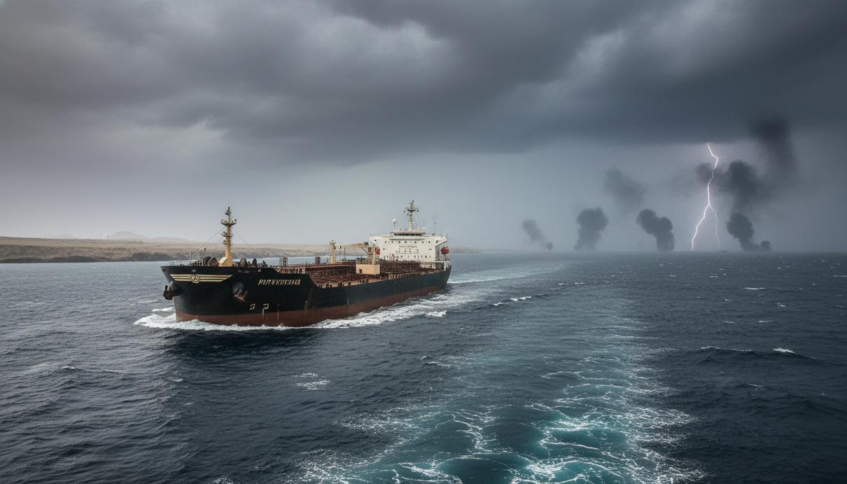 Большой нефтяной танкер плывет по узкому проливу на фоне штормового неба и столбов дыма на далеком горизонте.