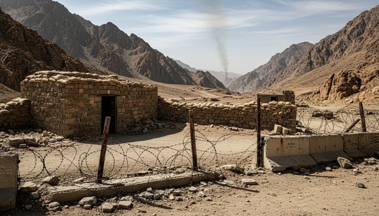 Пустынный горный перевал на границе Пакистана и Афганистана с заброшенным военным блокпостом из камня и мешков с песком.