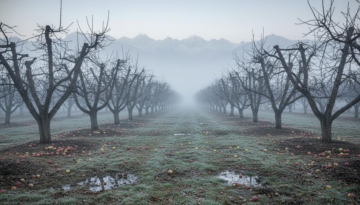 Яблоневый сад в Кашмирской долине на фоне туманных гор, на земле лежат опавшие яблоки.