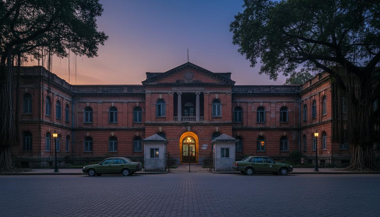 Правительственное здание в Дакке, Бангладеш, в сумерках. У входа стоят пустые посты охраны и служебные автомобили.