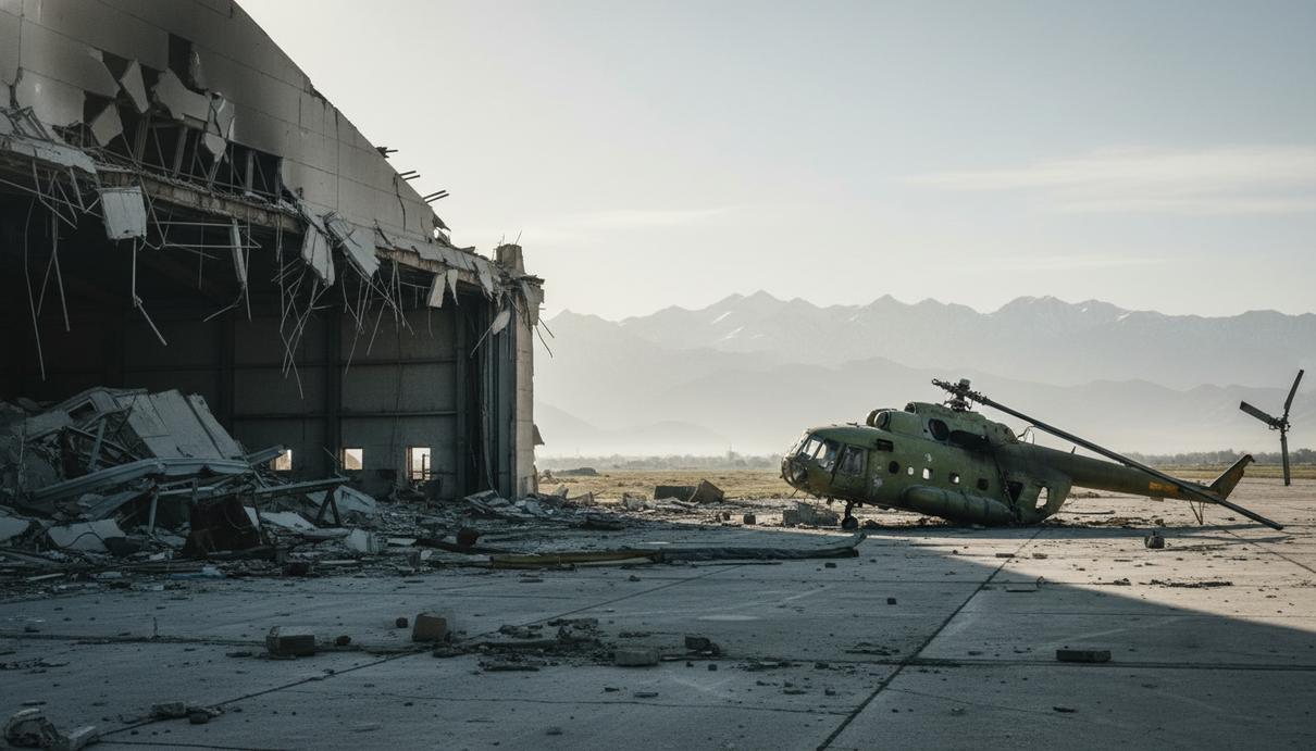 Разрушенный ангар и обломки вертолета на взлетной полосе авиабазы Баграм после авиаудара, на фоне виднеются горы.