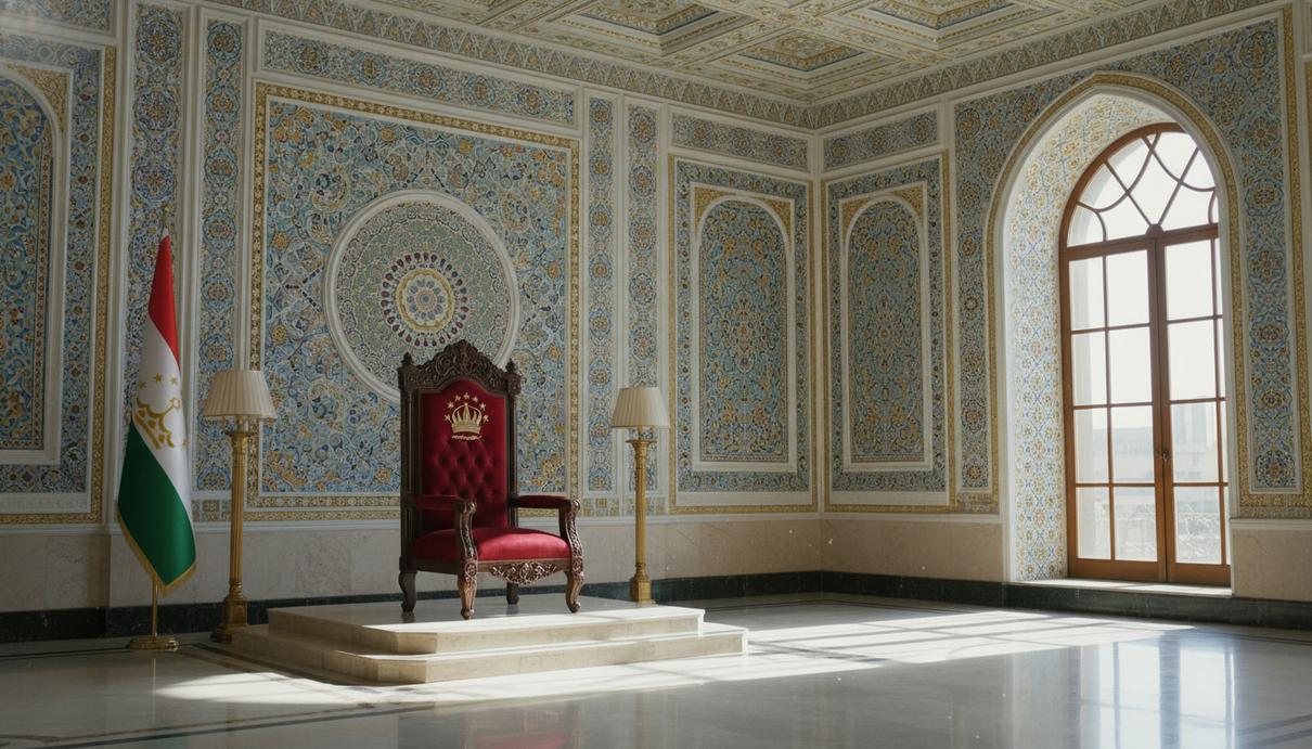 Пустое, богато украшенное президентское кресло во дворце в Душанбе, Таджикистан, на фоне национального флага.