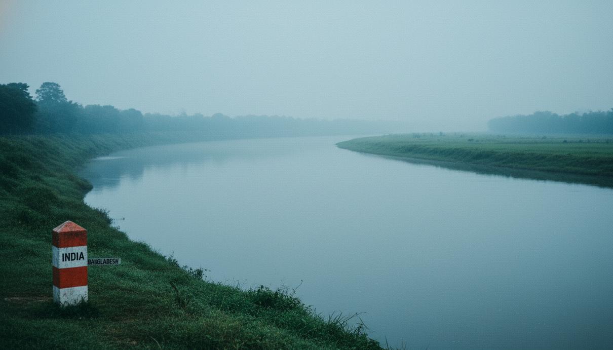 Река Тиста на границе Индии и Бангладеш. На зеленом берегу стоит пограничный столб, пейзаж окутан утренним туманом.
