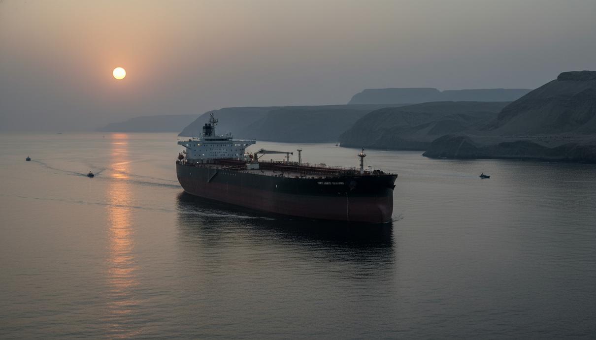 Большой нефтяной танкер в узком Ормузском проливе на фоне скалистых берегов на рассвете.