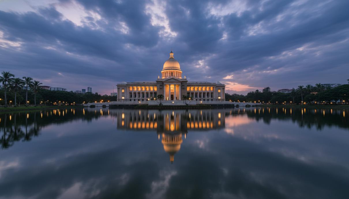Здание парламента Шри-Ланки в Коломбо в сумерках, освещенное огнями и отражающееся в воде озера Дияванна.