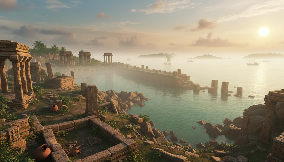 Руины древнего индийского портового города на побережье океана на рассвете, каменные строения и остатки старинного причала.