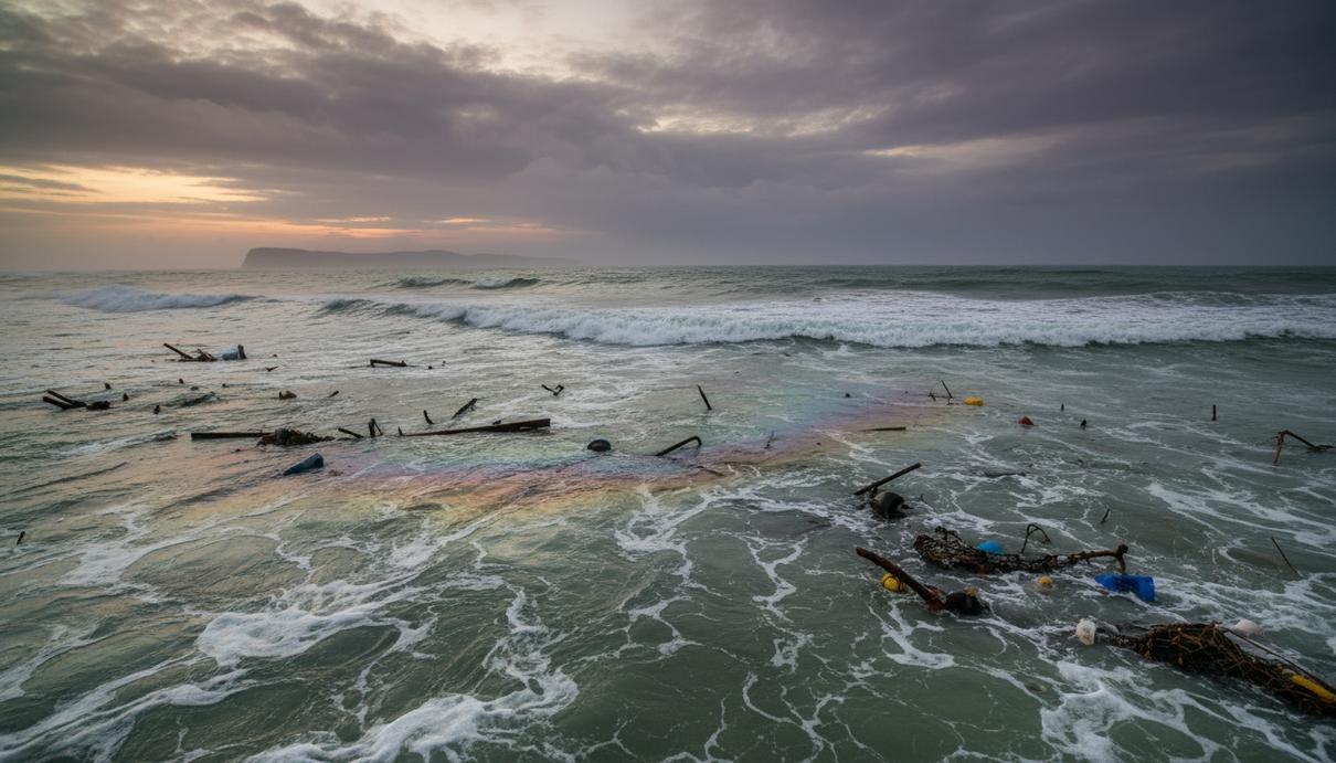 Обломки корабля и нефтяное пятно на поверхности неспокойного океана на рассвете у побережья Шри-Ланки.