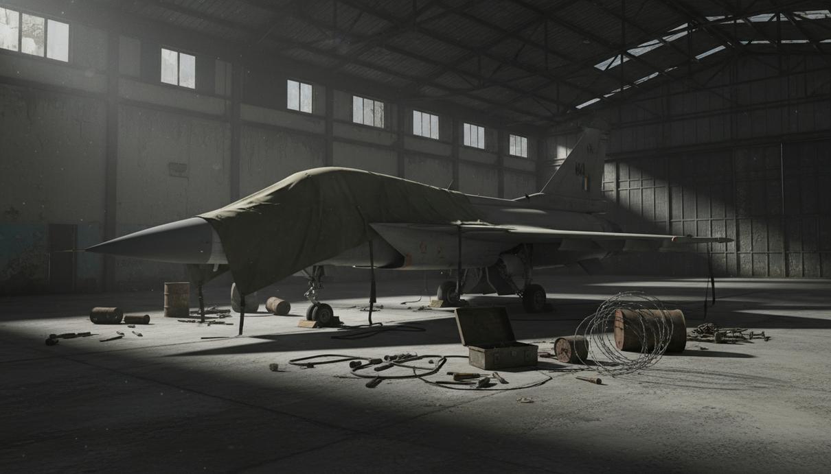 Индийский истребитель Tejas в полутемном ангаре, частично накрытый брезентом, рядом лежат инструменты.