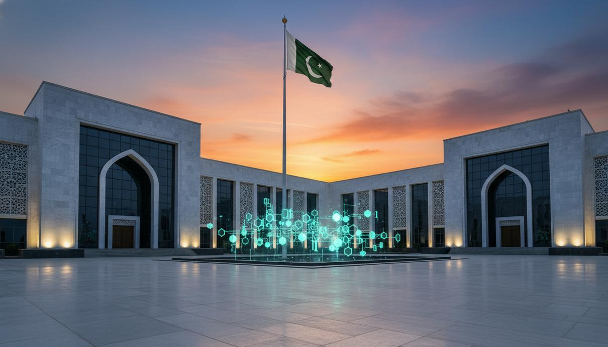 Современное правительственное здание в Пакистане с национальным флагом на фоне вечернего неба и пустой площади.