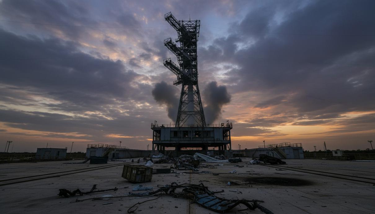 Пустая стартовая площадка космодрома на закате с поднимающимся дымом и обломками у основания пусковой башни.