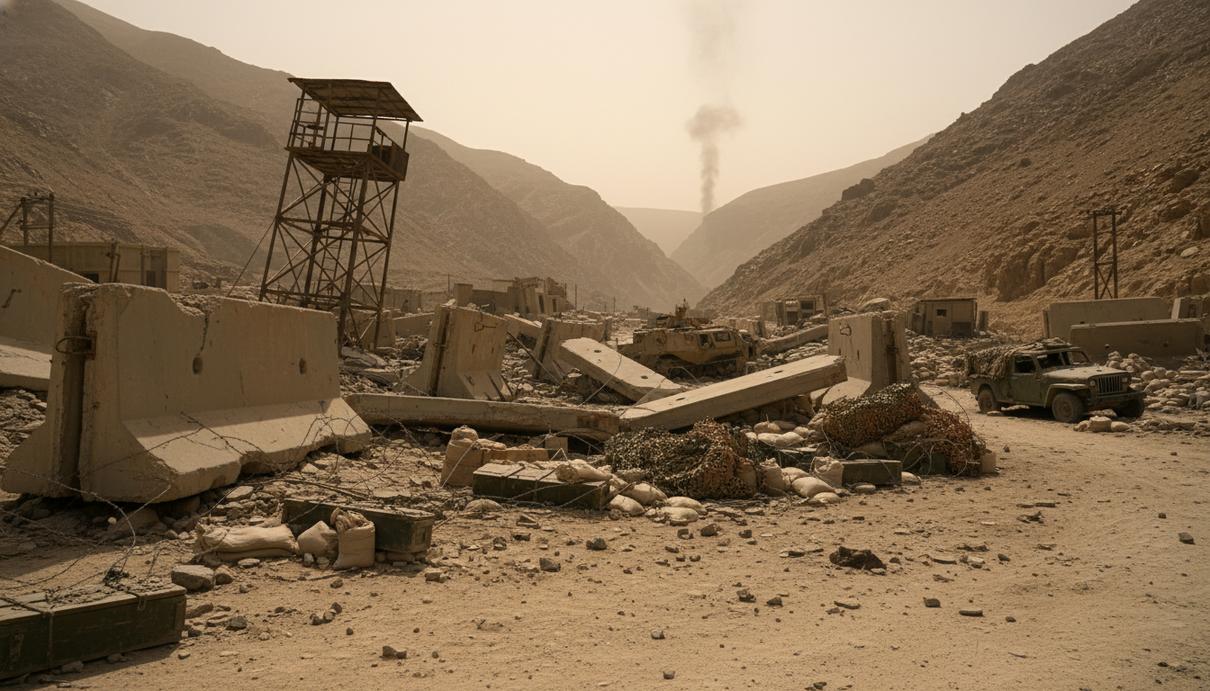 Разрушенный военный блокпост в скалистом горном ущелье. Обломки строений, поврежденный шлагбаум и дым на горизонте.