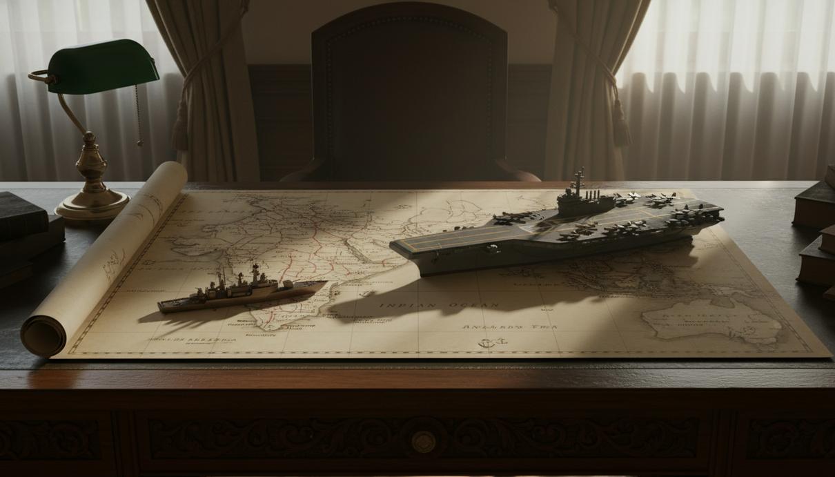 На столе в кабинете лежит карта Индийского океана. Модель американского авианосца отбрасывает тень на модель индийского корабля.