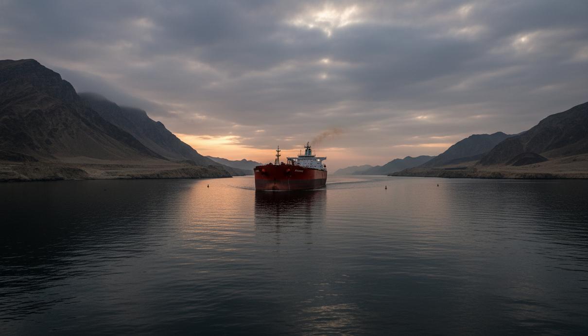 Огромный нефтяной танкер плывет по узкому Ормузскому проливу на рассвете, окруженный скалистыми пустынными горами.