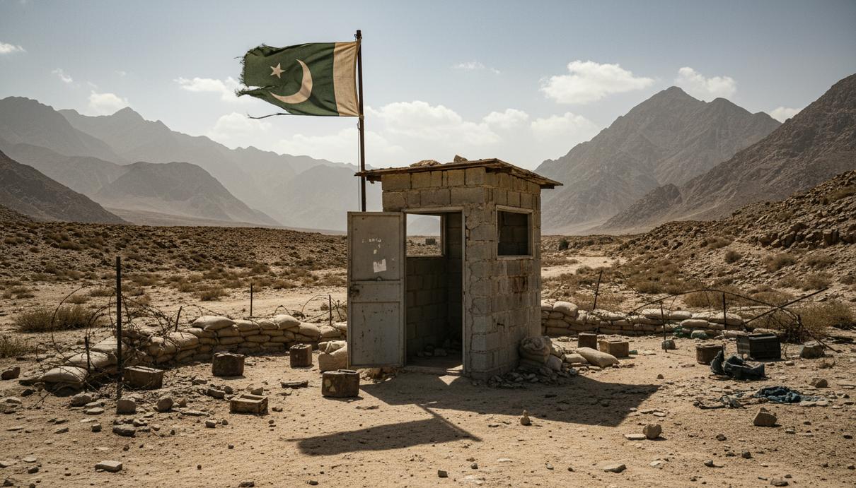 Заброшенный военный блокпост в скалистых засушливых горах Белуджистана. Ржавая техника и развевающийся на ветру потрепанный флаг.