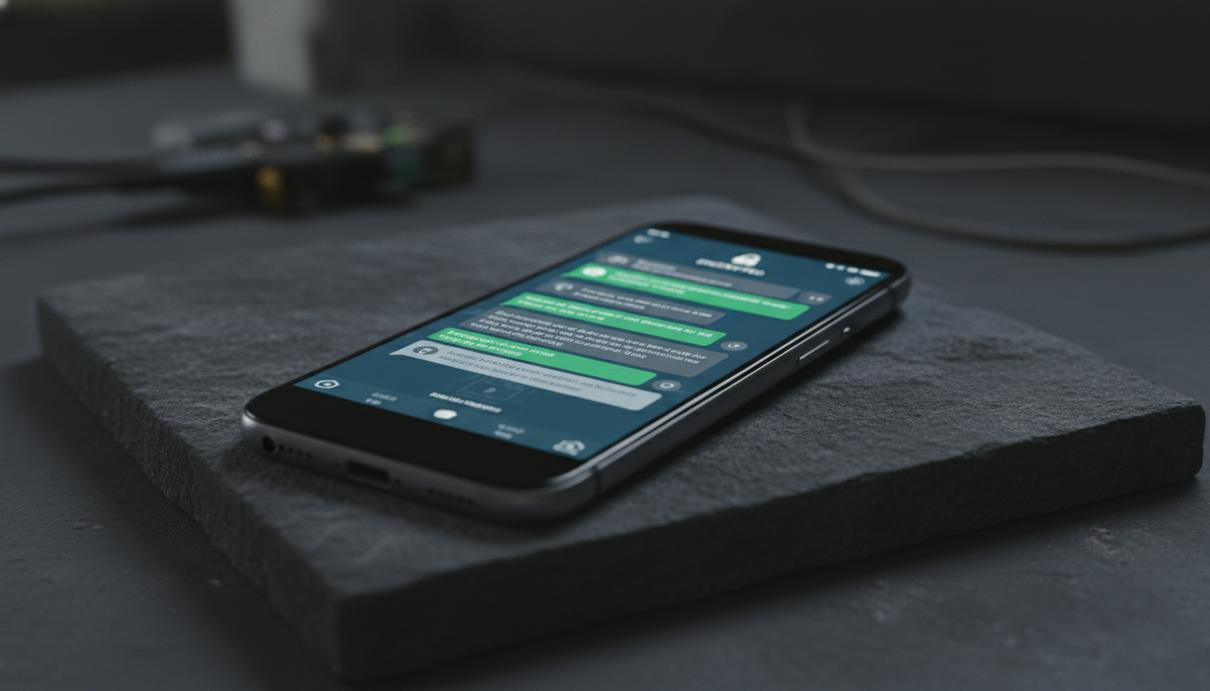 Смартфон лежит на темной поверхности в полумраке, его светящийся экран показывает интерфейс анонимного мессенджера.