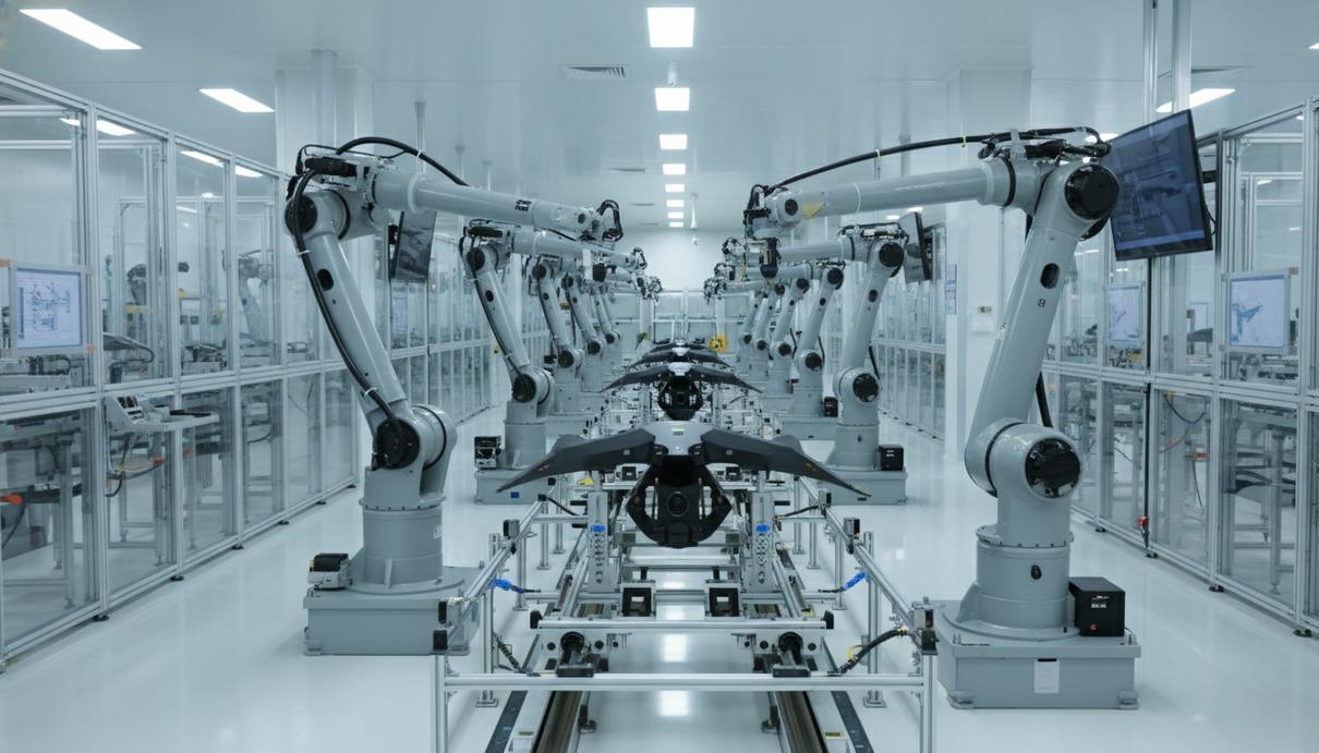 Высокотехнологичный заводской цех с роботизированными манипуляторами, собирающими беспилотники на конвейерной линии.