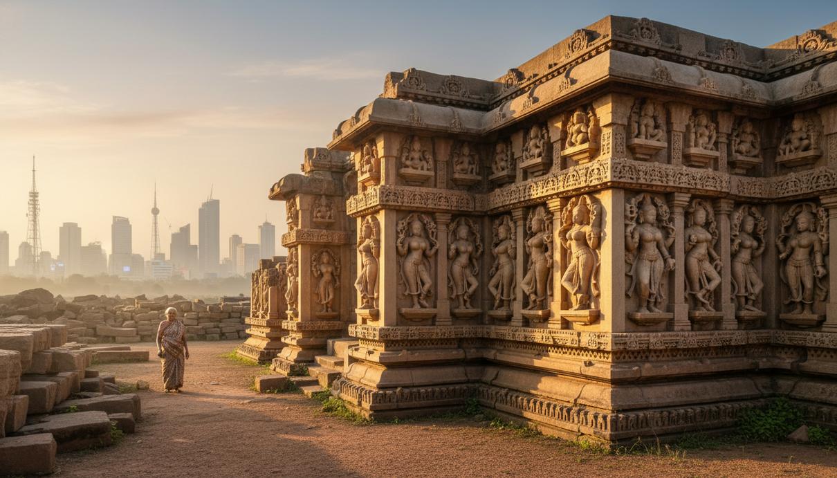 Древние руины индийского храма с каменной резьбой в виде богинь на рассвете, на фоне виднеется силуэт современного города.