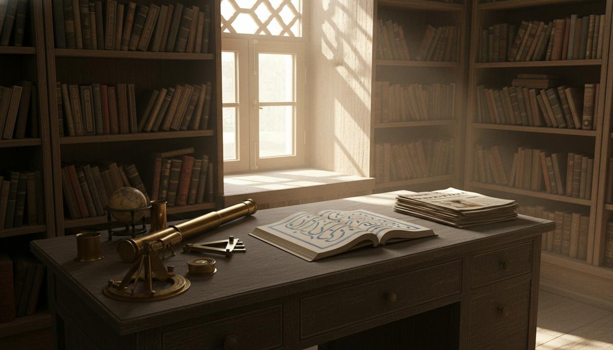 Старинный деревянный стол в комнате медресе, на котором лежат рукописи, научные приборы и стопка газет.