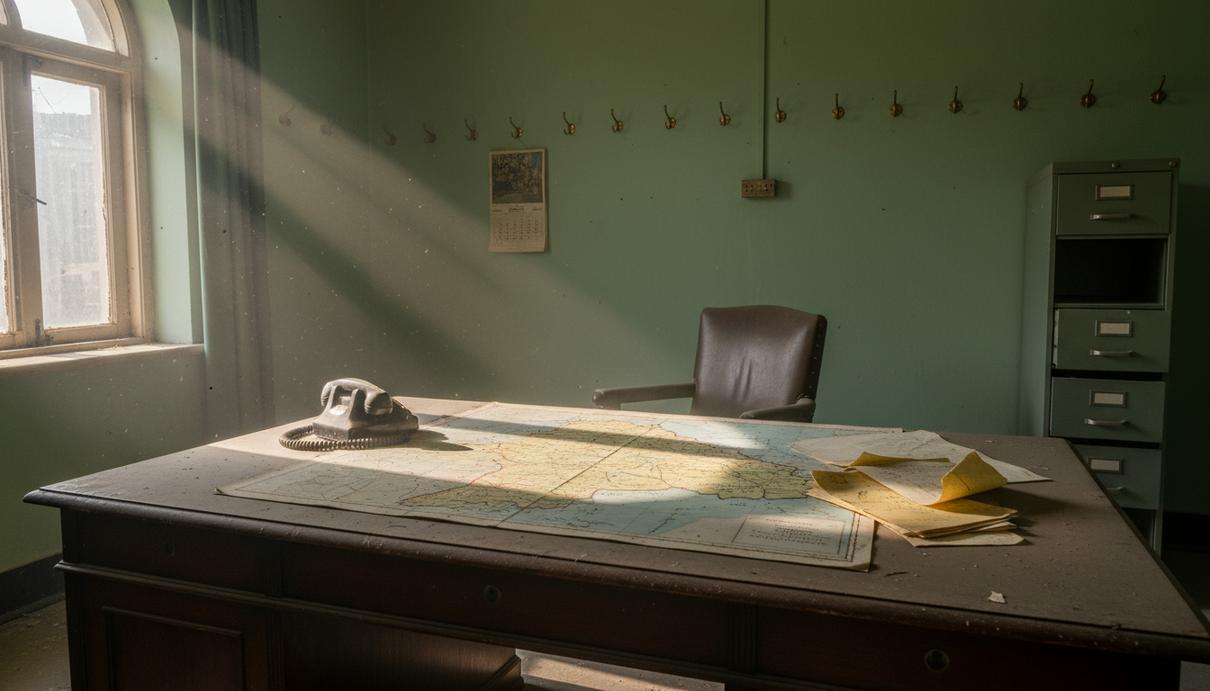 Пустой военный кабинет 1950-х годов. На деревянном столе лежит старая карта Кашмира, разбросаны документы и стоит телефон.