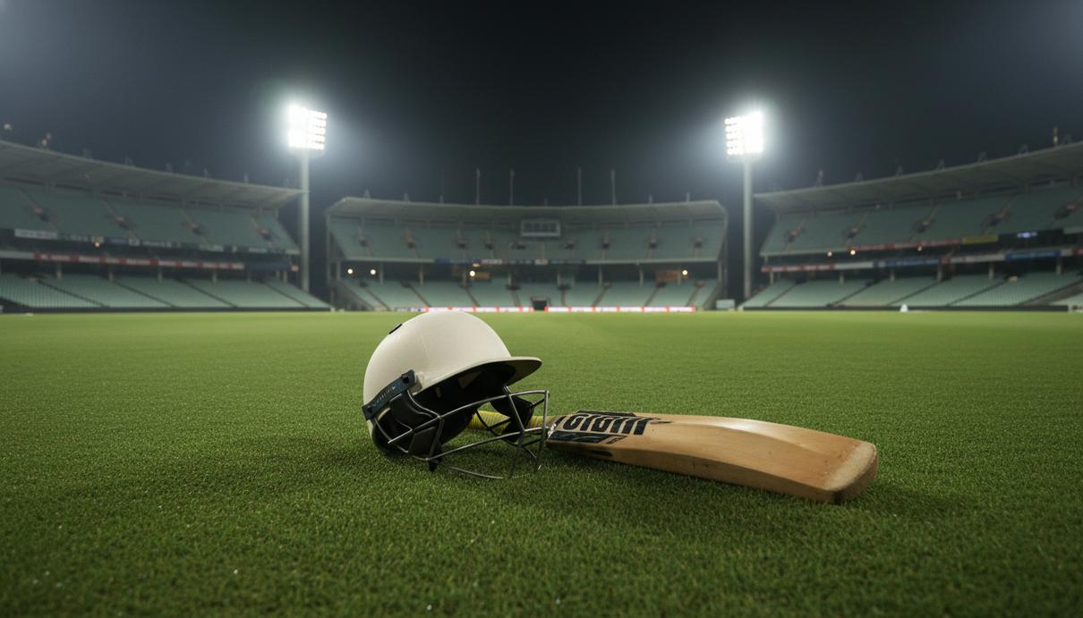 Крикетный шлем и бита лежат на зеленом газоне огромного стадиона, освещенного яркими прожекторами в ночное время.