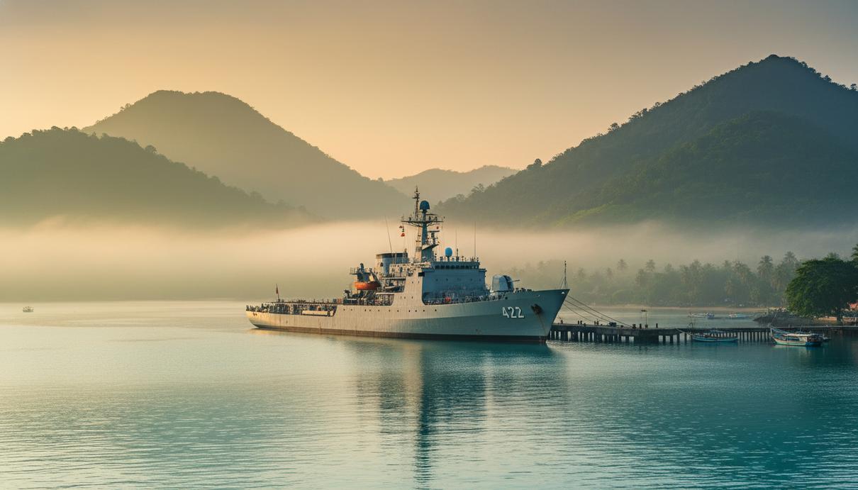Иранское судно IRIS Bushehr на якоре в спокойных водах порта Шри-Ланки на фоне холмов.