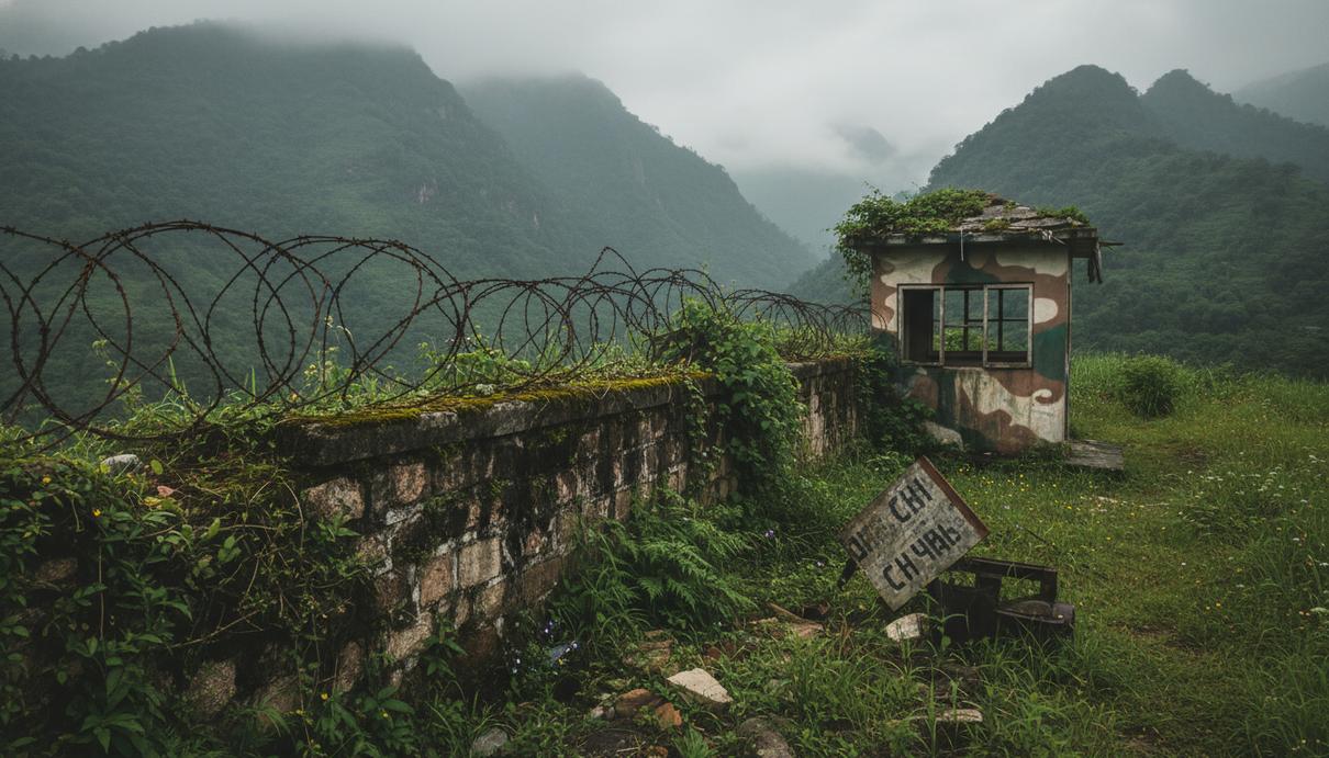 Заброшенный военный блокпост с колючей проволокой на фоне лесистых гор в тумане