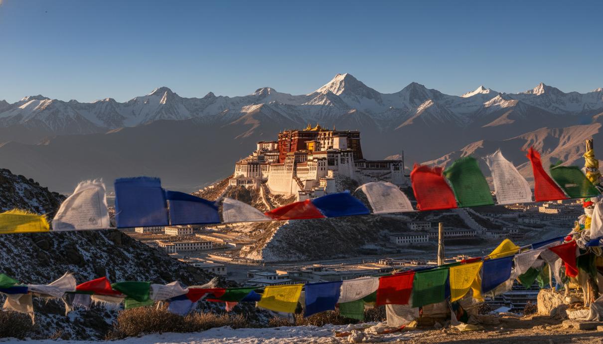 Дворец Потала в Лхасе на фоне Гималайских гор с развевающимися молитвенными флагами на переднем плане