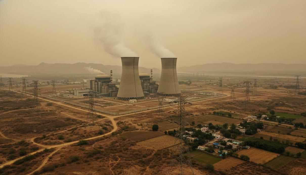 Современная атомная электростанция с высокими градирнями и линиями электропередач на фоне индийского пейзажа.