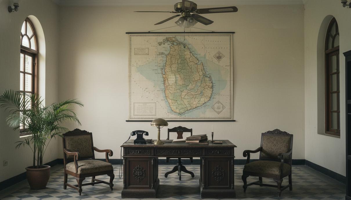 Интерьер кабинета в колониальном стиле с деревянным столом, старым телефоном и картой острова на стене