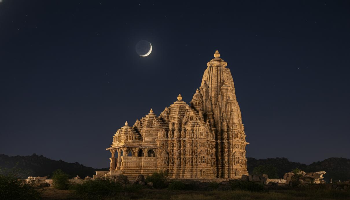 Древний индийский храм Кандарья-Махадева с каменной резьбой и высокими башнями в ночное время.
