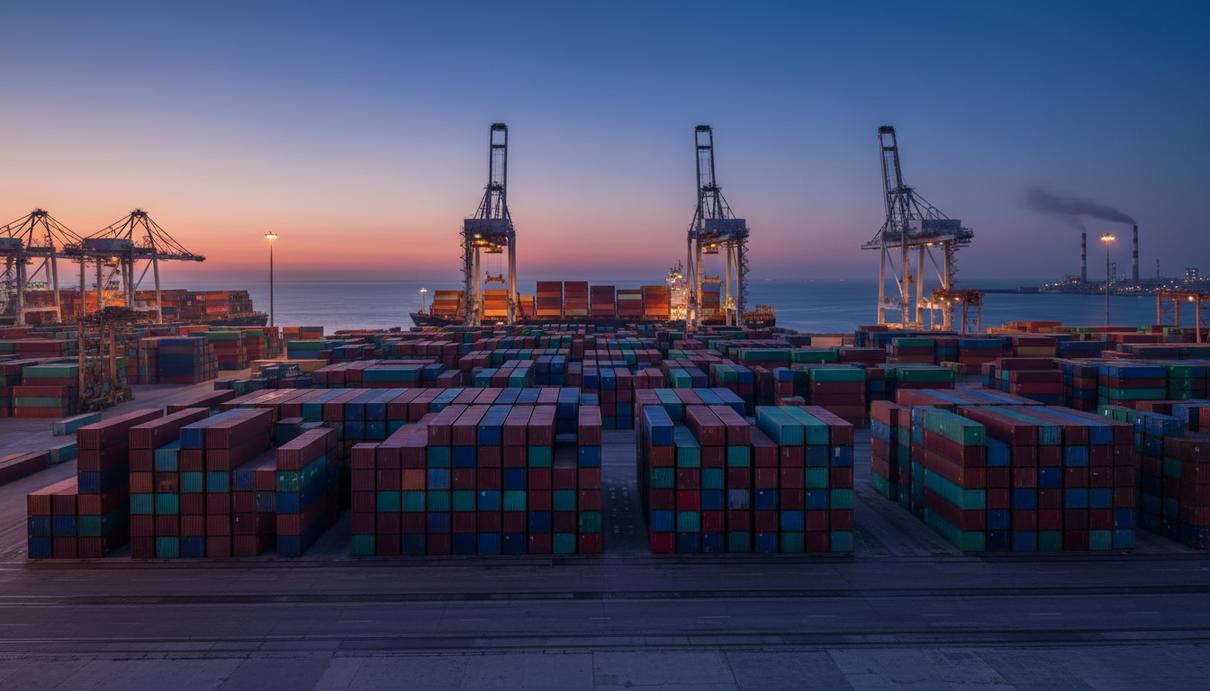 Промышленный морской порт с рядами разноцветных грузовых контейнеров и высокими кранами в сумерках