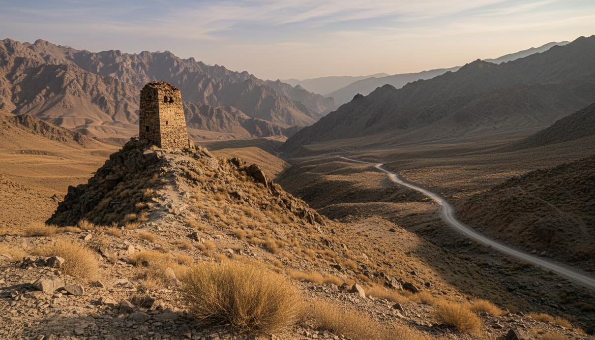 Вид на засушливое горное ущелье Гиндукуша с остатками древнего форта на фоне ясного неба