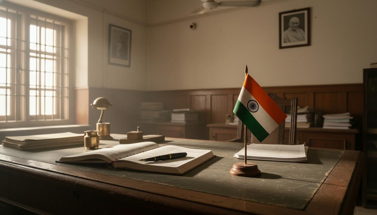 Письменный стол в кабинете индийского чиновника с национальным флагом, блокнотом и ручкой.